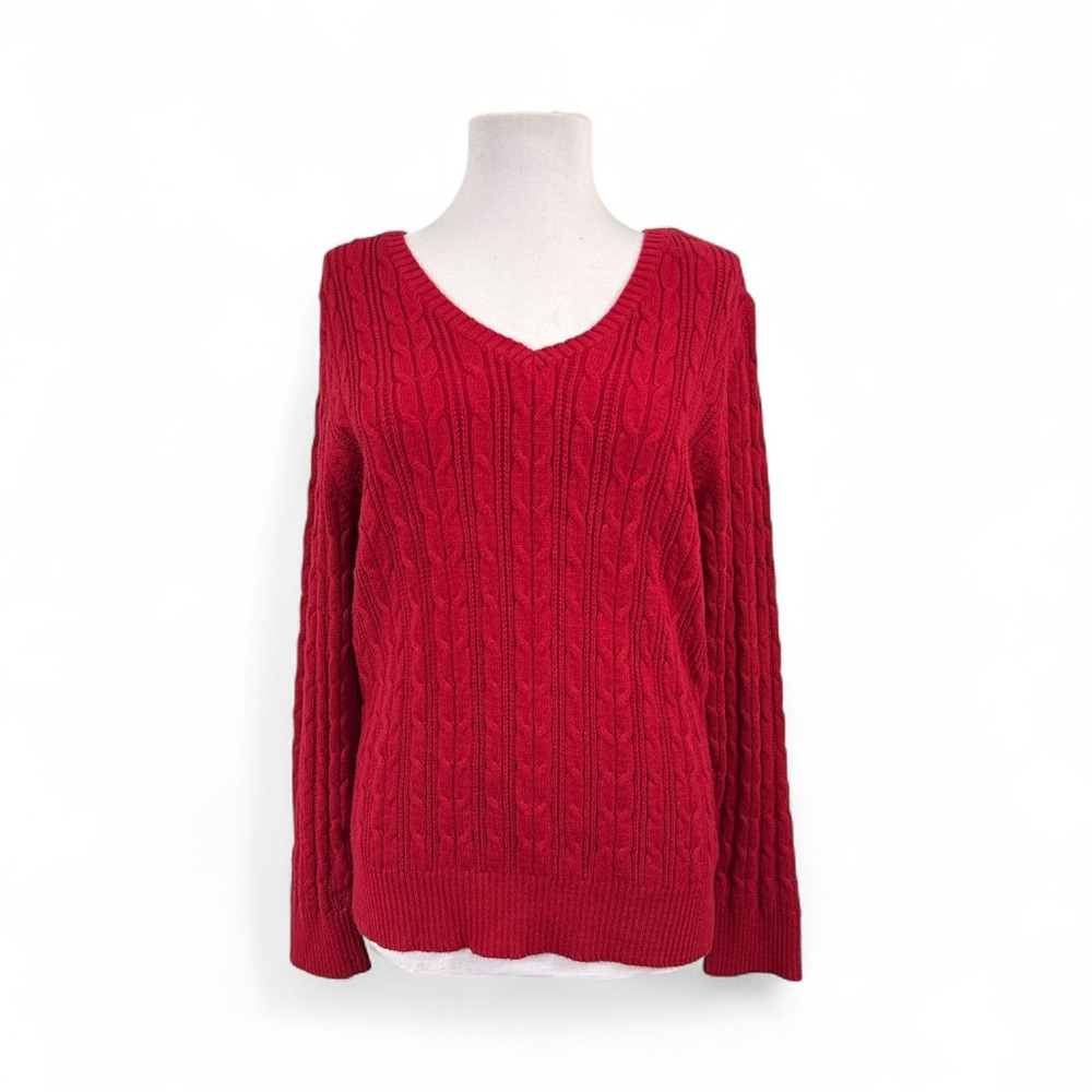 St John's Bay Petite XL PXL Pullover Sweater Red Cable Knit Cotton Blend V-Neck